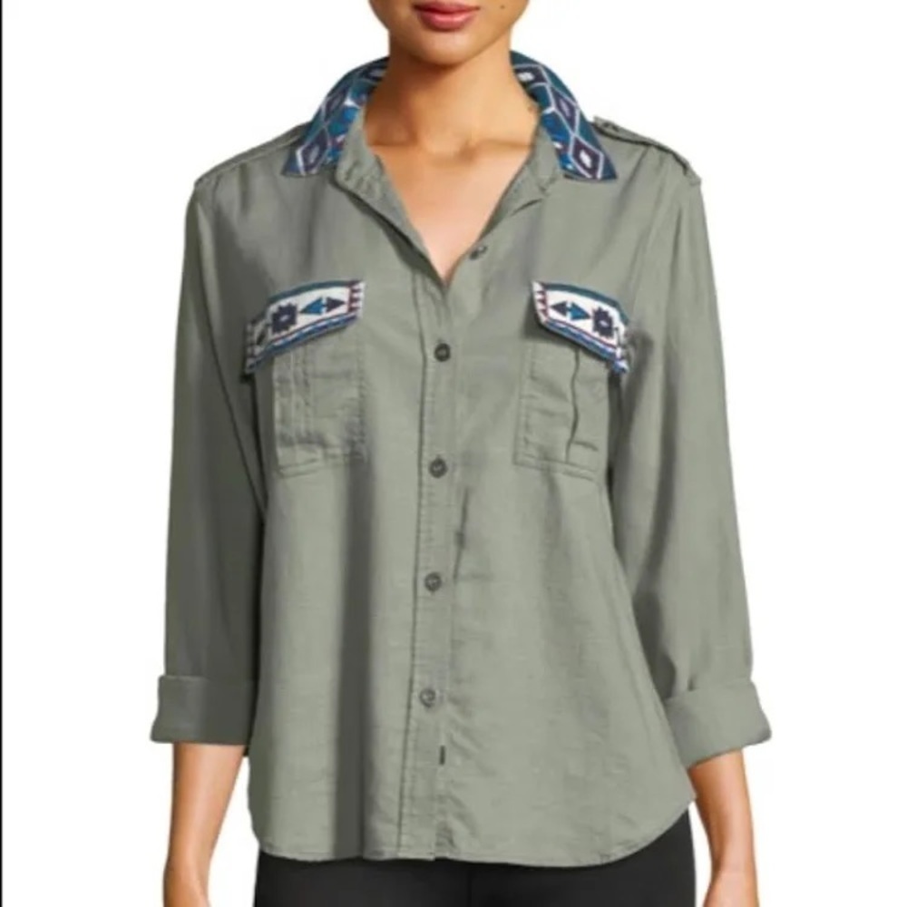 RAILS Kona Button-Front Linen Blend Embroidered Olive Green Shirt Sz L